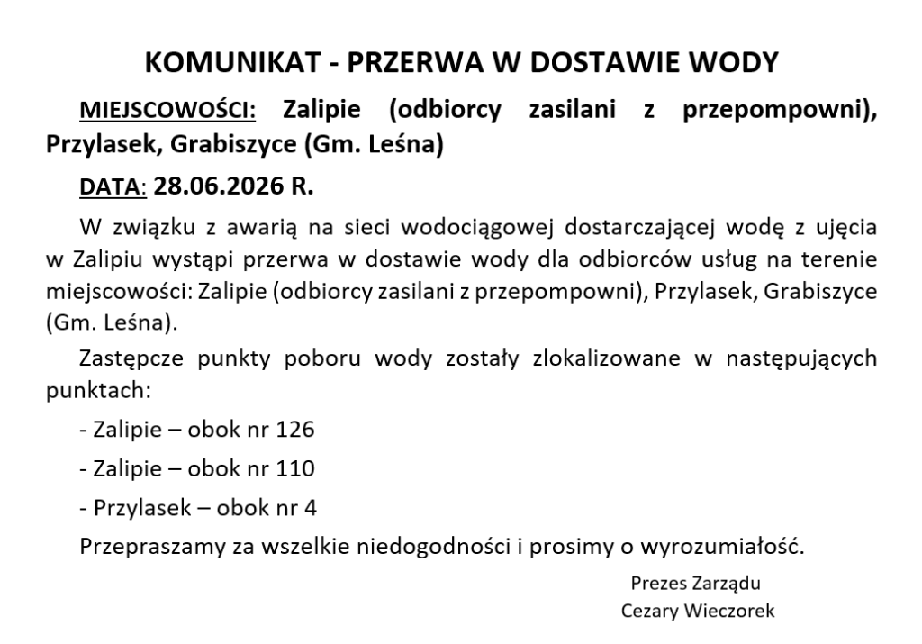 komunikat o awarii na sieci wodociągowej w Zaliopiu